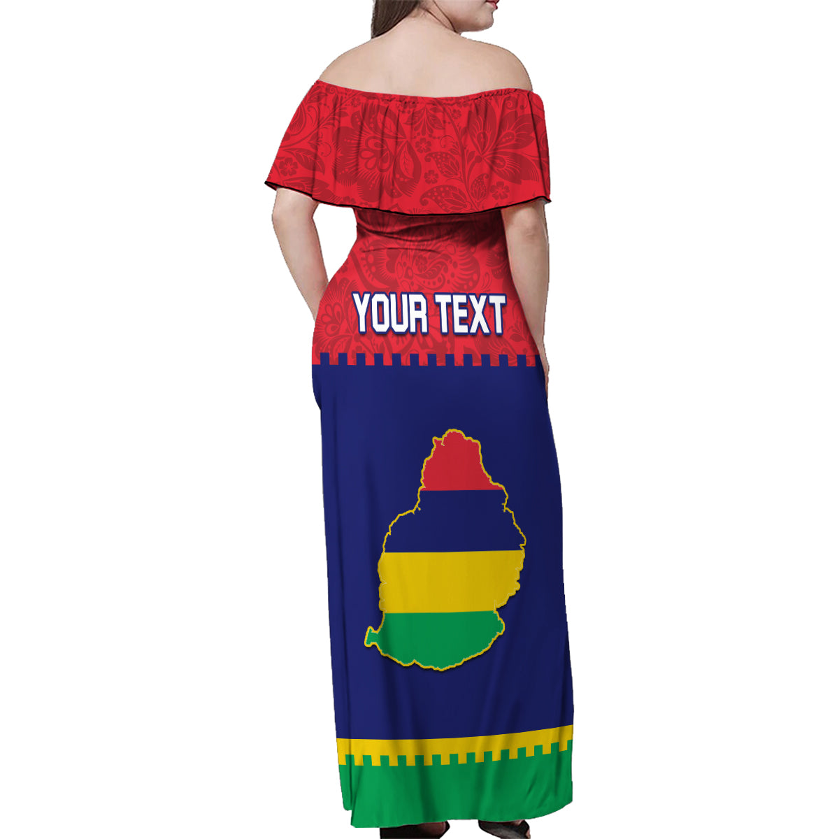 Mauritius Independence Day Family Matching Off Shoulder Maxi Dress and Hawaiian Shirt Stella Clavisque Maris Indici Foral Pattern - Wonder Print Shop