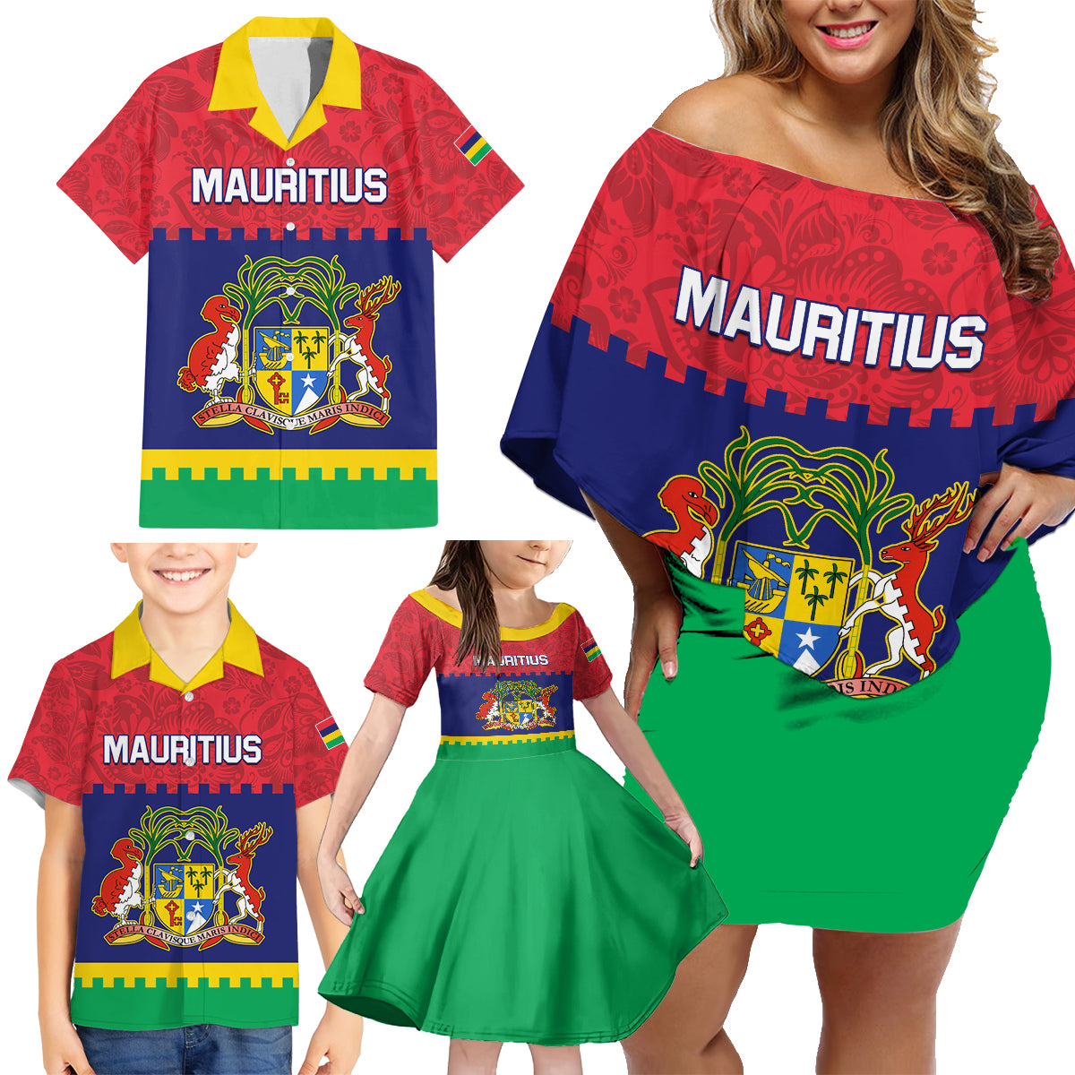 Mauritius Independence Day Family Matching Off Shoulder Short Dress and Hawaiian Shirt Stella Clavisque Maris Indici Foral Pattern - Wonder Print Shop
