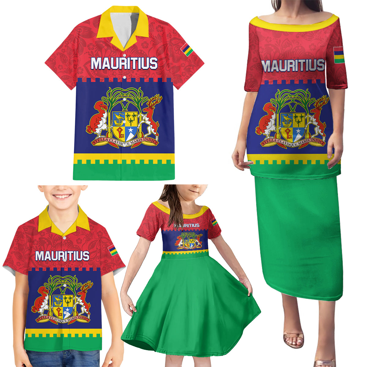 Mauritius Independence Day Family Matching Puletasi and Hawaiian Shirt Stella Clavisque Maris Indici Foral Pattern - Wonder Print Shop