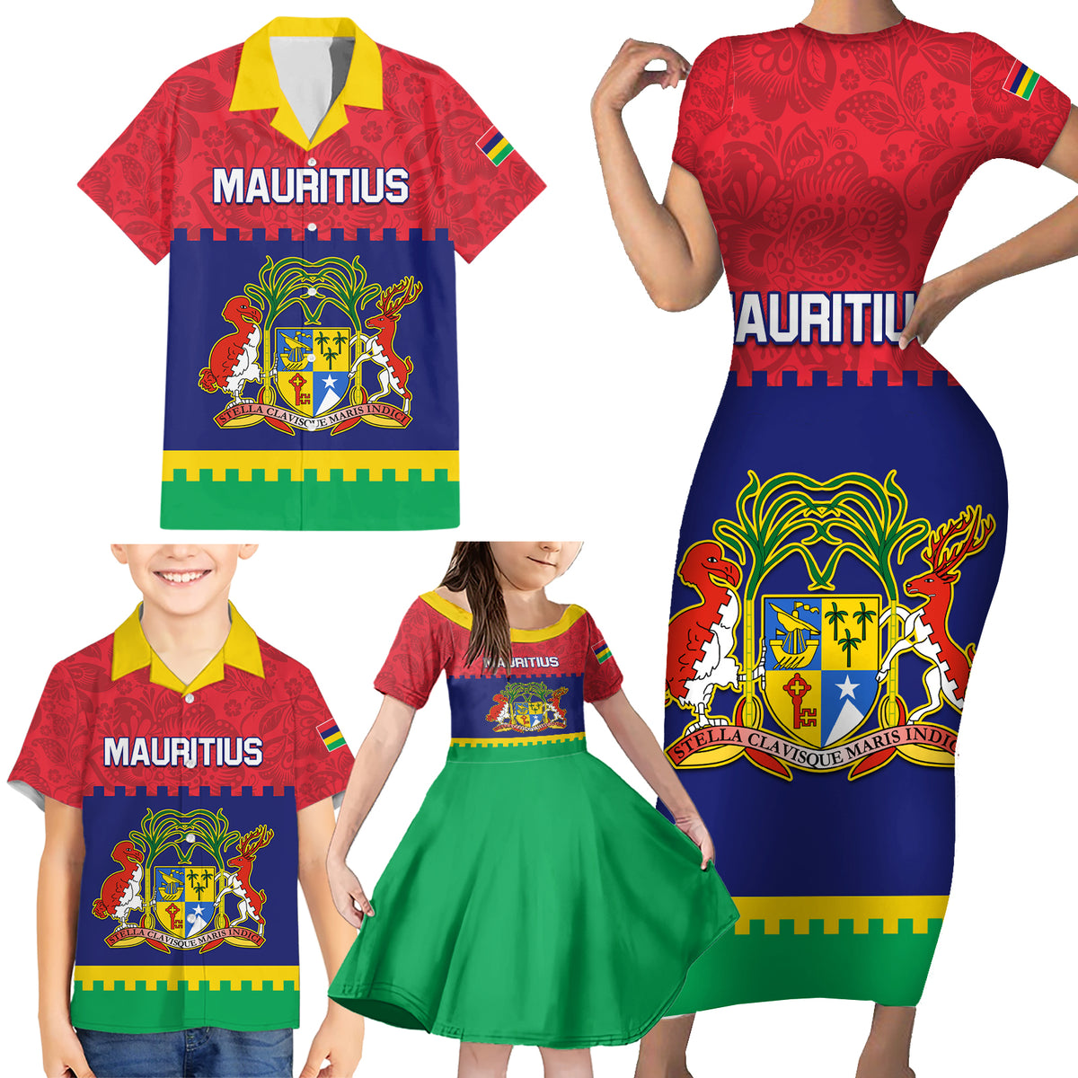 Mauritius Independence Day Family Matching Short Sleeve Bodycon Dress and Hawaiian Shirt Stella Clavisque Maris Indici Foral Pattern - Wonder Print Shop