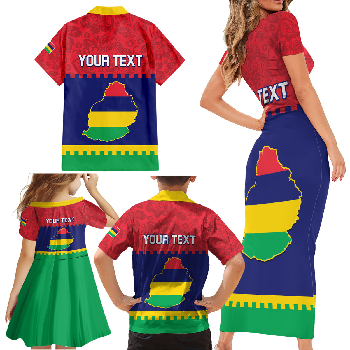 Mauritius Independence Day Family Matching Short Sleeve Bodycon Dress and Hawaiian Shirt Stella Clavisque Maris Indici Foral Pattern - Wonder Print Shop