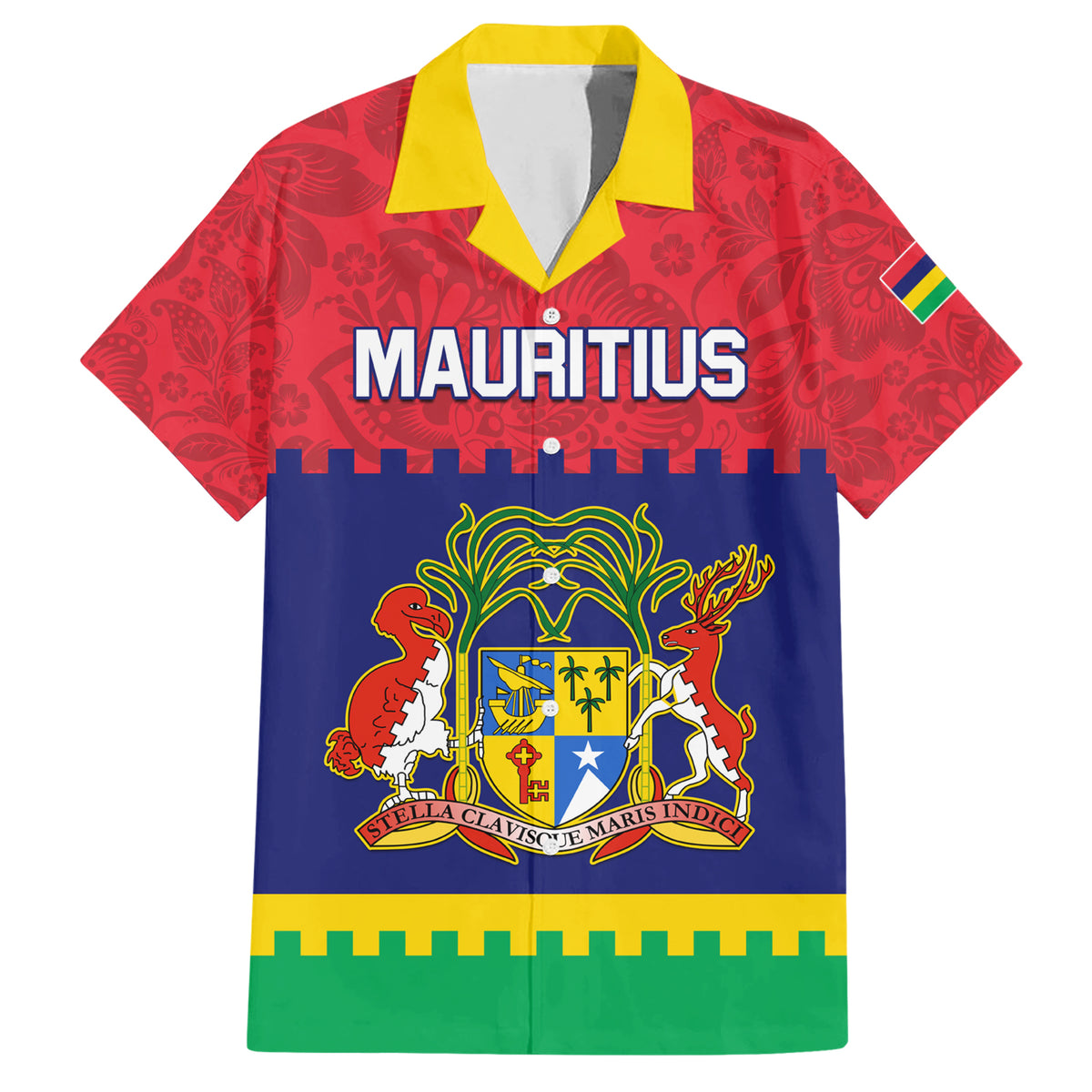 Mauritius Independence Day Family Matching Short Sleeve Bodycon Dress and Hawaiian Shirt Stella Clavisque Maris Indici Foral Pattern - Wonder Print Shop
