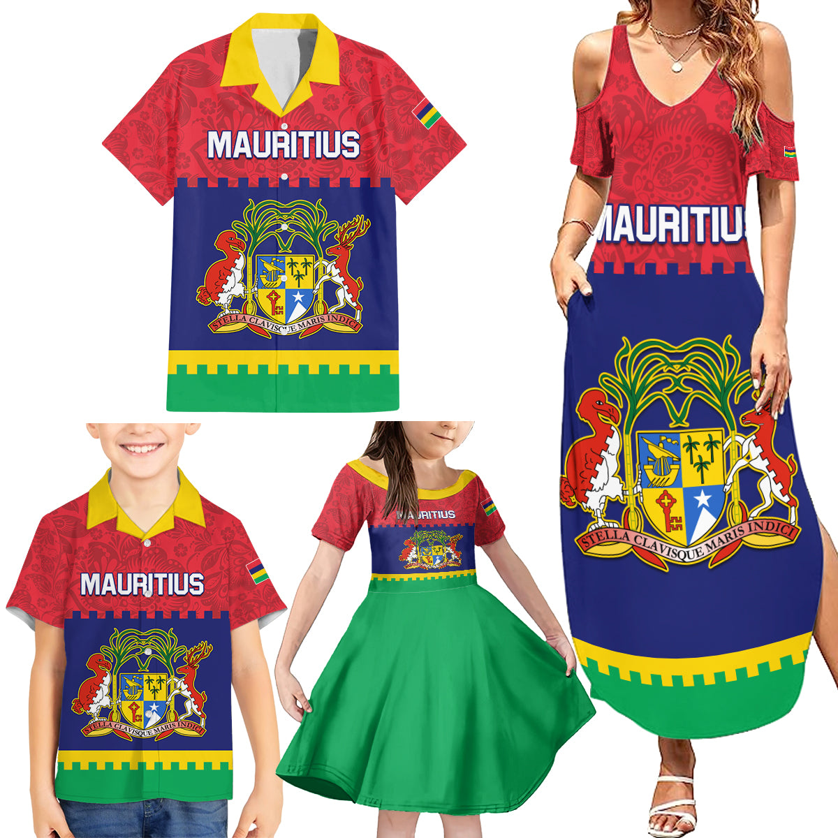 Mauritius Independence Day Family Matching Summer Maxi Dress and Hawaiian Shirt Stella Clavisque Maris Indici Foral Pattern - Wonder Print Shop