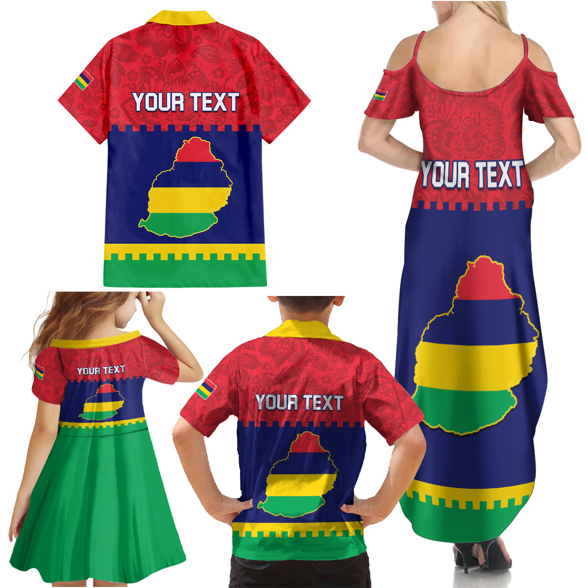 Mauritius Independence Day Family Matching Summer Maxi Dress and Hawaiian Shirt Stella Clavisque Maris Indici Foral Pattern - Wonder Print Shop