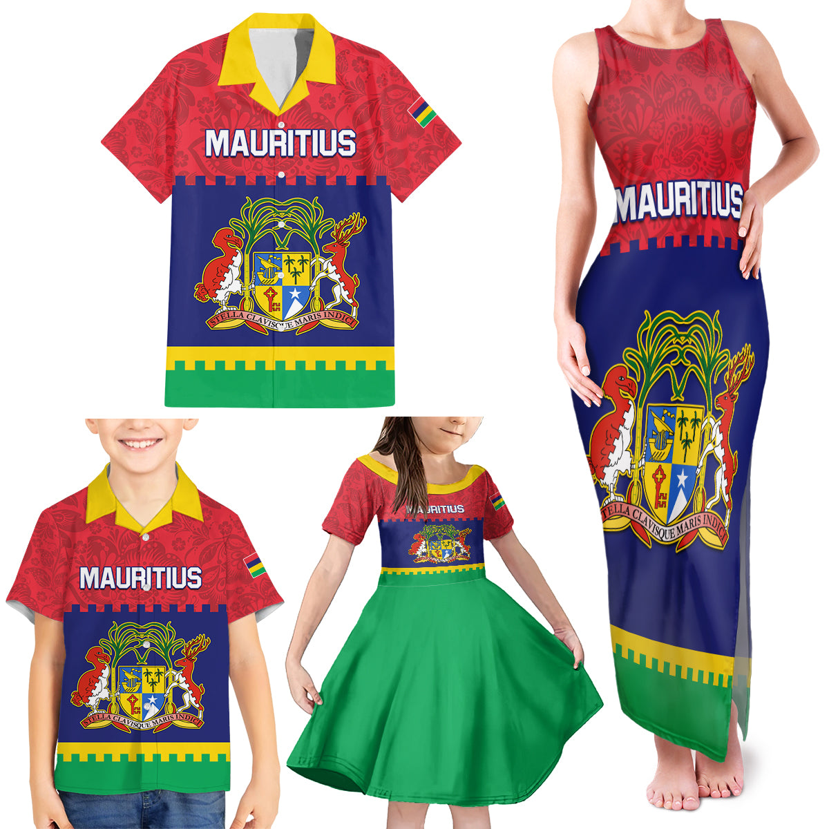 Mauritius Independence Day Family Matching Tank Maxi Dress and Hawaiian Shirt Stella Clavisque Maris Indici Foral Pattern - Wonder Print Shop