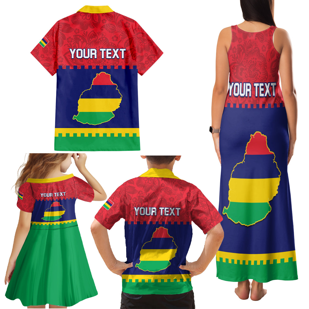 Mauritius Independence Day Family Matching Tank Maxi Dress and Hawaiian Shirt Stella Clavisque Maris Indici Foral Pattern - Wonder Print Shop
