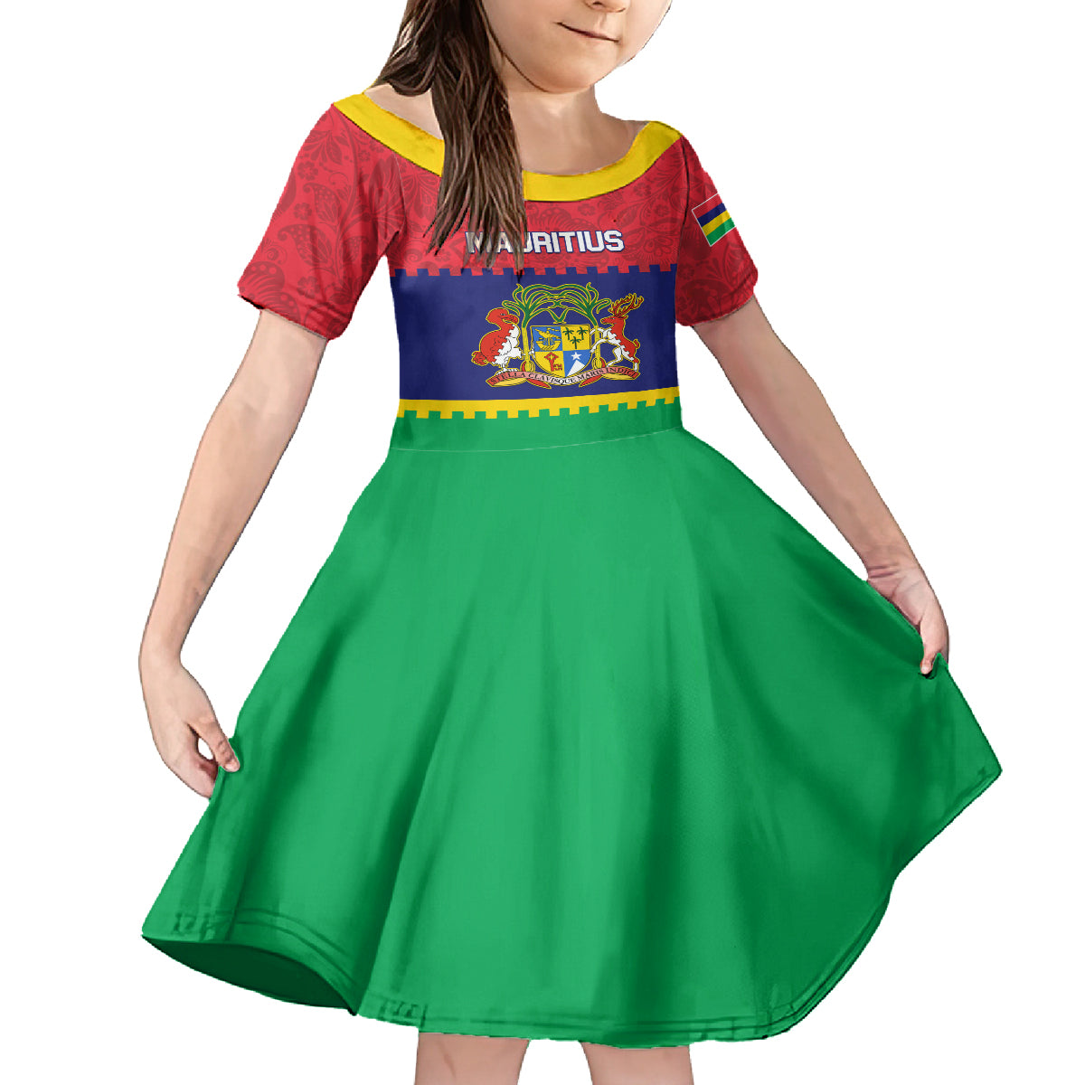 Mauritius Independence Day Kid Short Sleeve Dress Stella Clavisque Maris Indici Foral Pattern - Wonder Print Shop