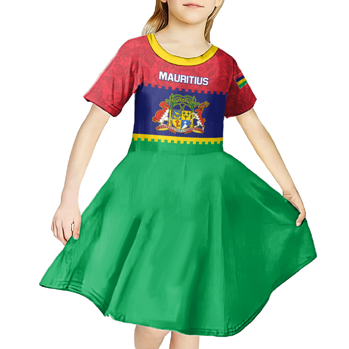 Mauritius Independence Day Kid Short Sleeve Dress Stella Clavisque Maris Indici Foral Pattern - Wonder Print Shop