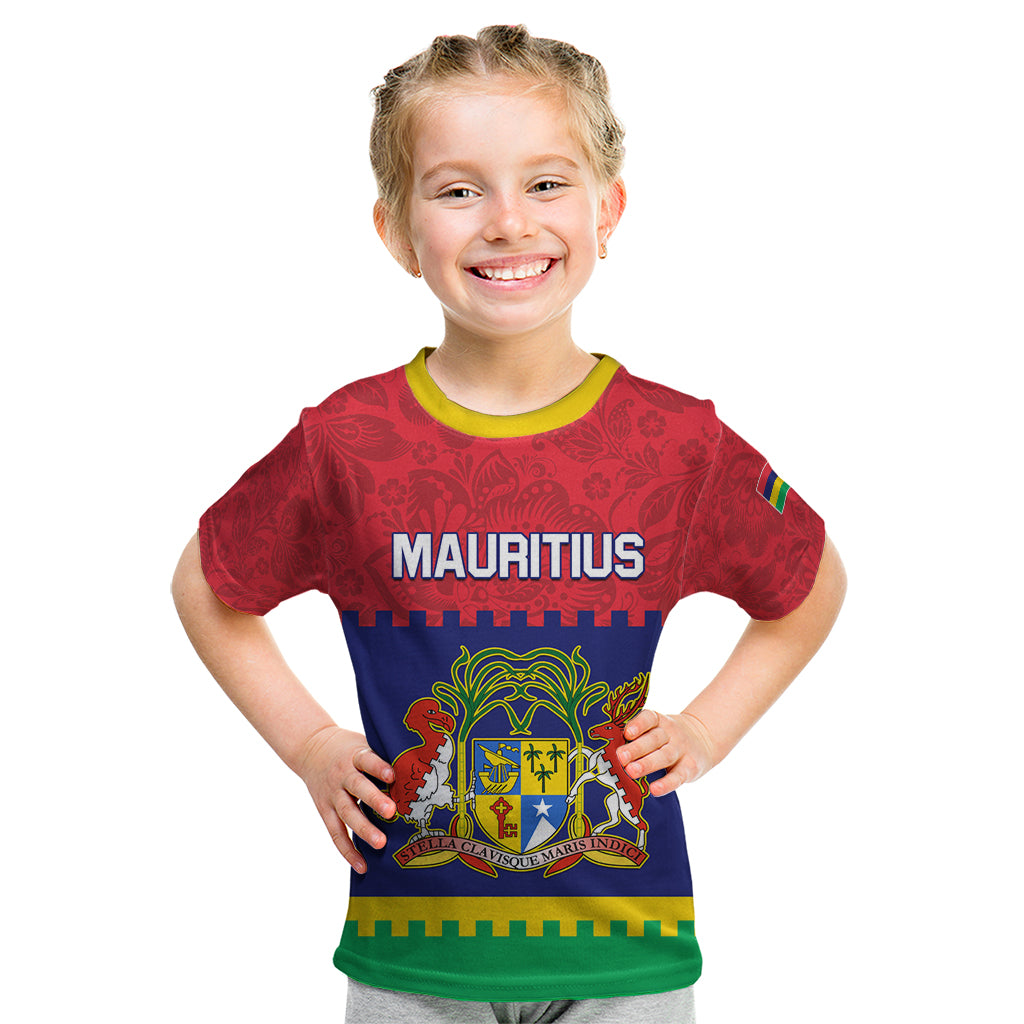 Mauritius Independence Day Kid T Shirt Stella Clavisque Maris Indici Foral Pattern - Wonder Print Shop