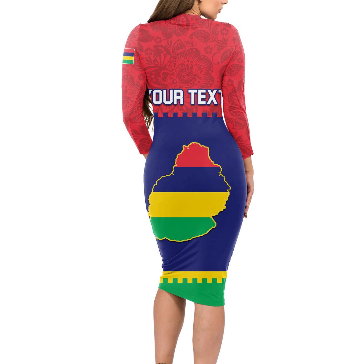 Mauritius Independence Day Long Sleeve Bodycon Dress Stella Clavisque Maris Indici Foral Pattern - Wonder Print Shop