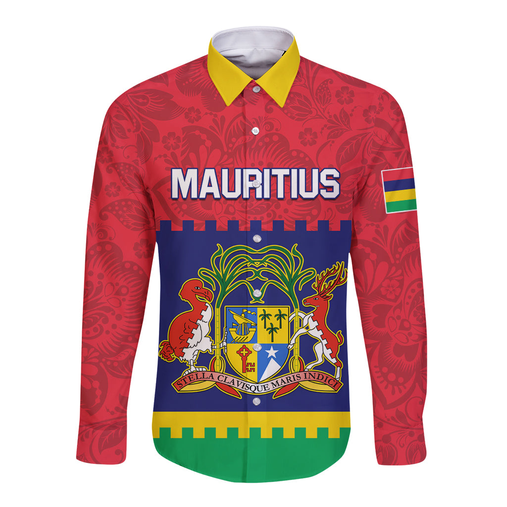 Mauritius Independence Day Long Sleeve Button Shirt Stella Clavisque Maris Indici Foral Pattern - Wonder Print Shop
