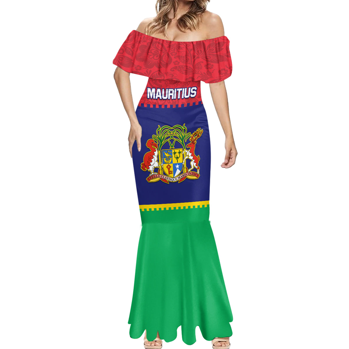 Mauritius Independence Day Mermaid Dress Stella Clavisque Maris Indici Foral Pattern - Wonder Print Shop