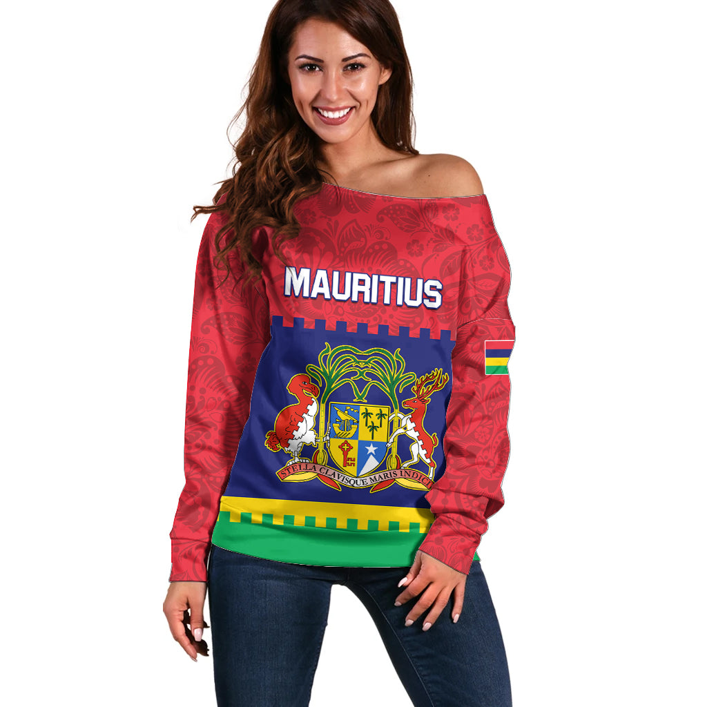 Mauritius Independence Day Off Shoulder Sweater Stella Clavisque Maris Indici Foral Pattern - Wonder Print Shop