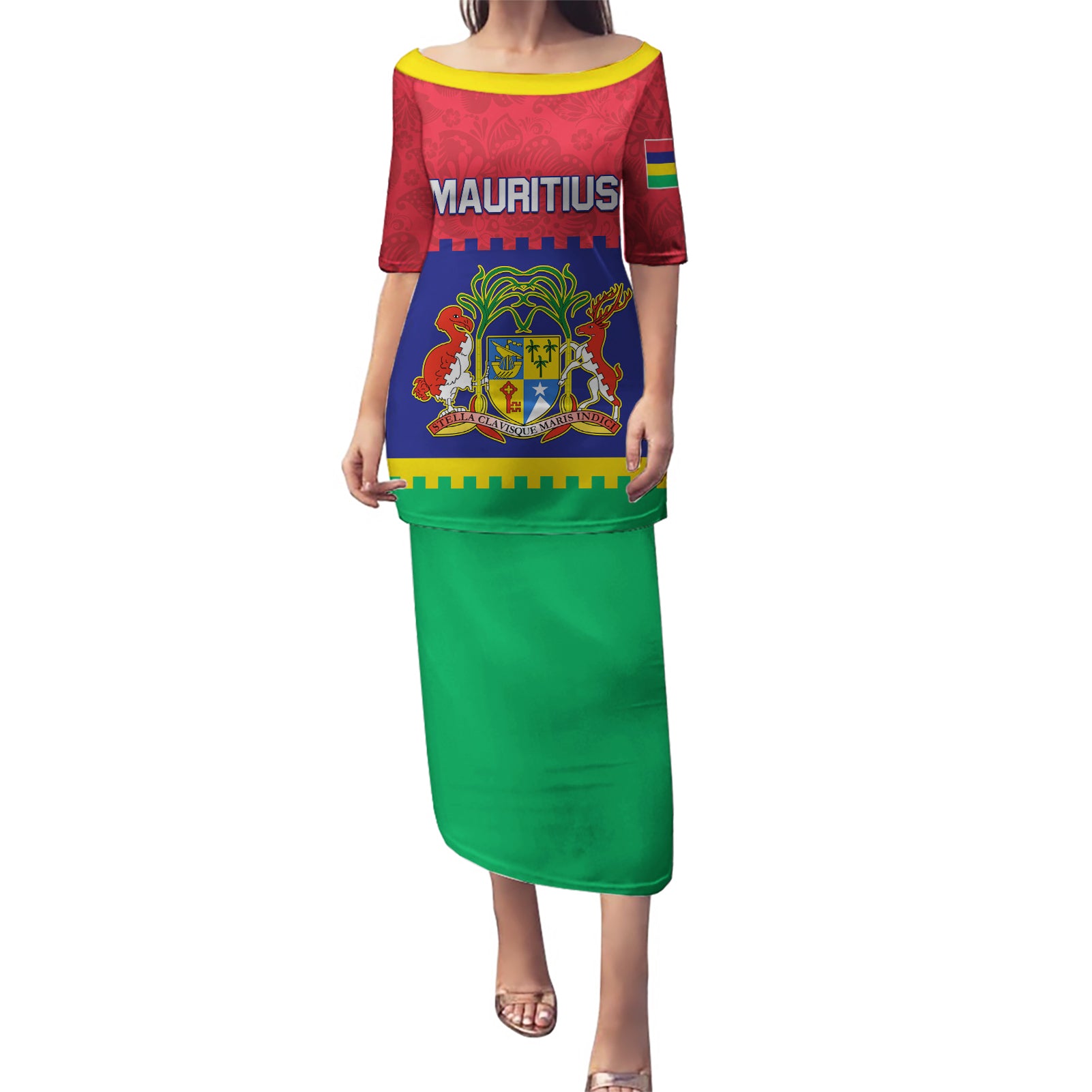 Mauritius Independence Day Puletasi Stella Clavisque Maris Indici Foral Pattern - Wonder Print Shop