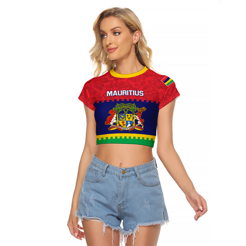 Mauritius Independence Day Raglan Cropped T Shirt Stella Clavisque Maris Indici Foral Pattern - Wonder Print Shop
