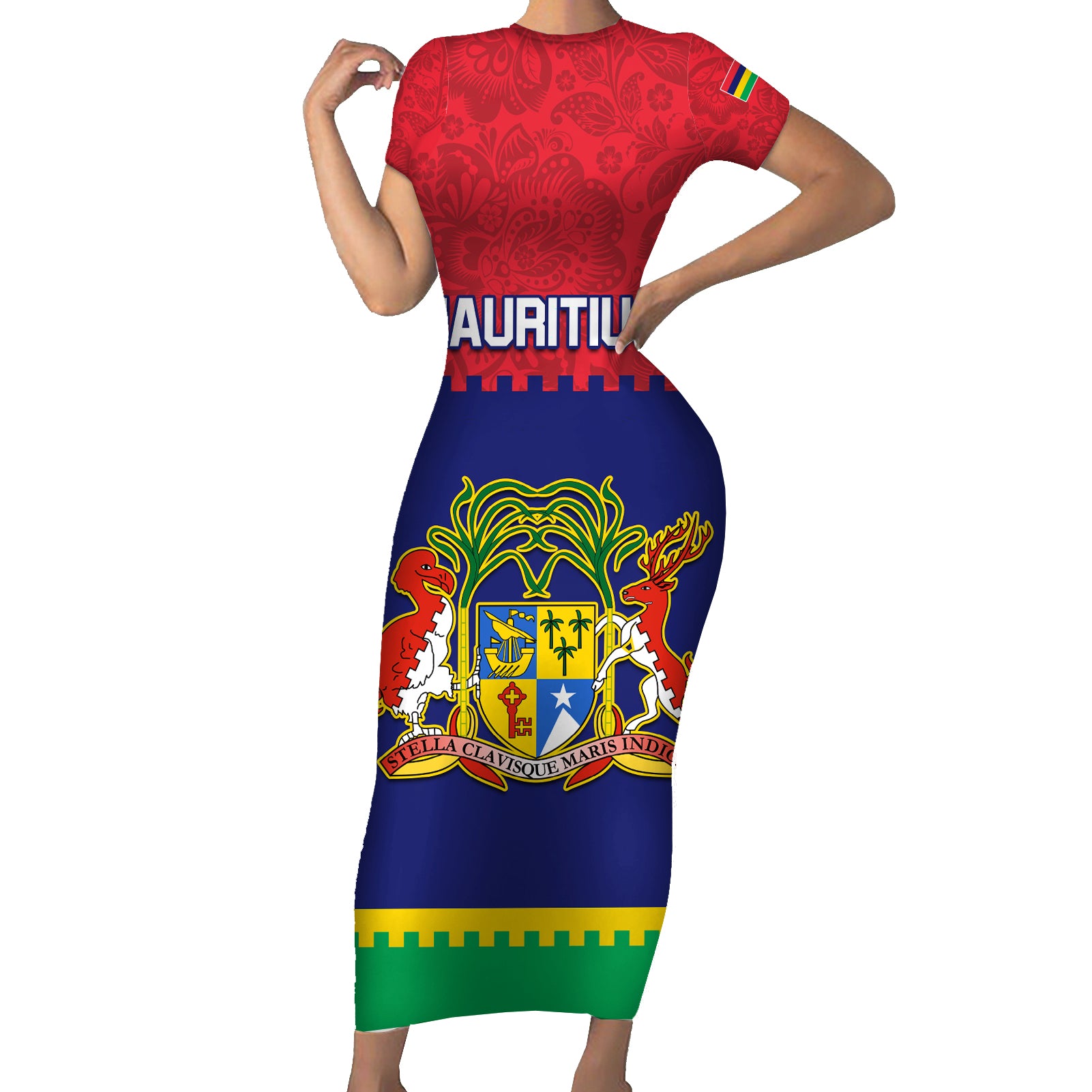 Mauritius Independence Day Short Sleeve Bodycon Dress Stella Clavisque Maris Indici Foral Pattern - Wonder Print Shop