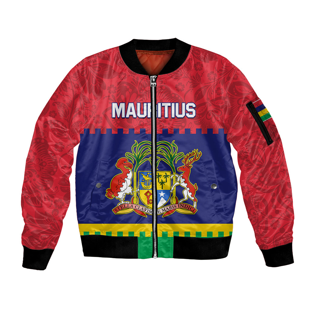 Mauritius Independence Day Sleeve Zip Bomber Jacket Stella Clavisque Maris Indici Foral Pattern - Wonder Print Shop
