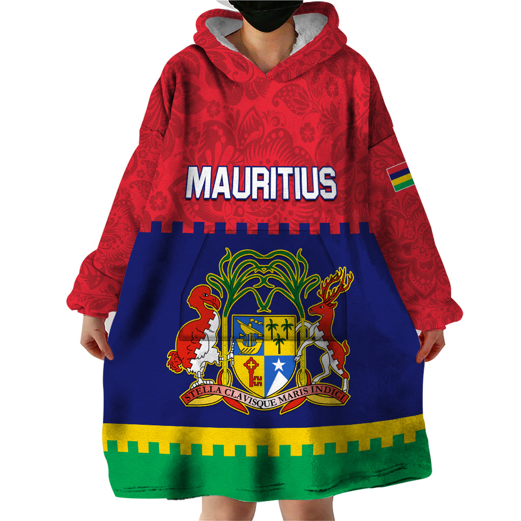 Mauritius Independence Day Wearable Blanket Hoodie Stella Clavisque Maris Indici Foral Pattern - Wonder Print Shop