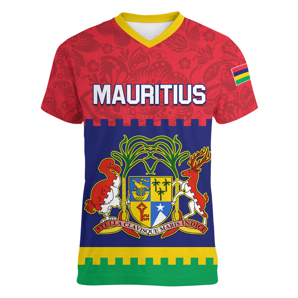 Mauritius Independence Day Women V Neck T Shirt Stella Clavisque Maris Indici Foral Pattern - Wonder Print Shop