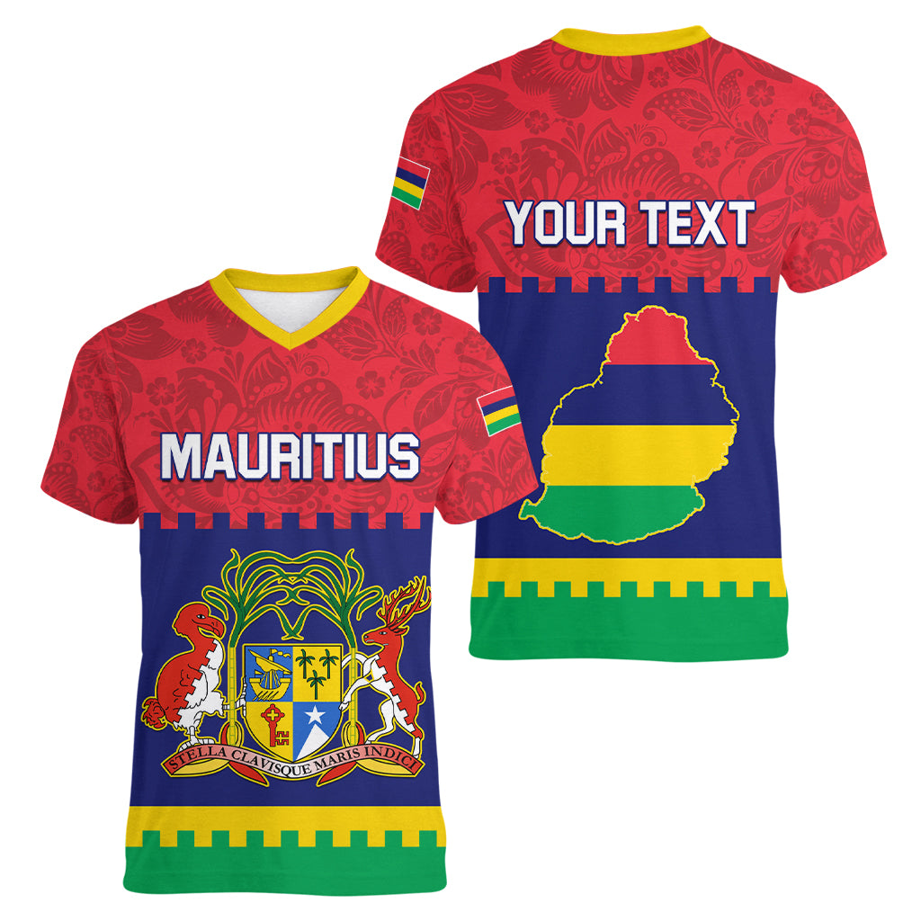 Mauritius Independence Day Women V Neck T Shirt Stella Clavisque Maris Indici Foral Pattern - Wonder Print Shop