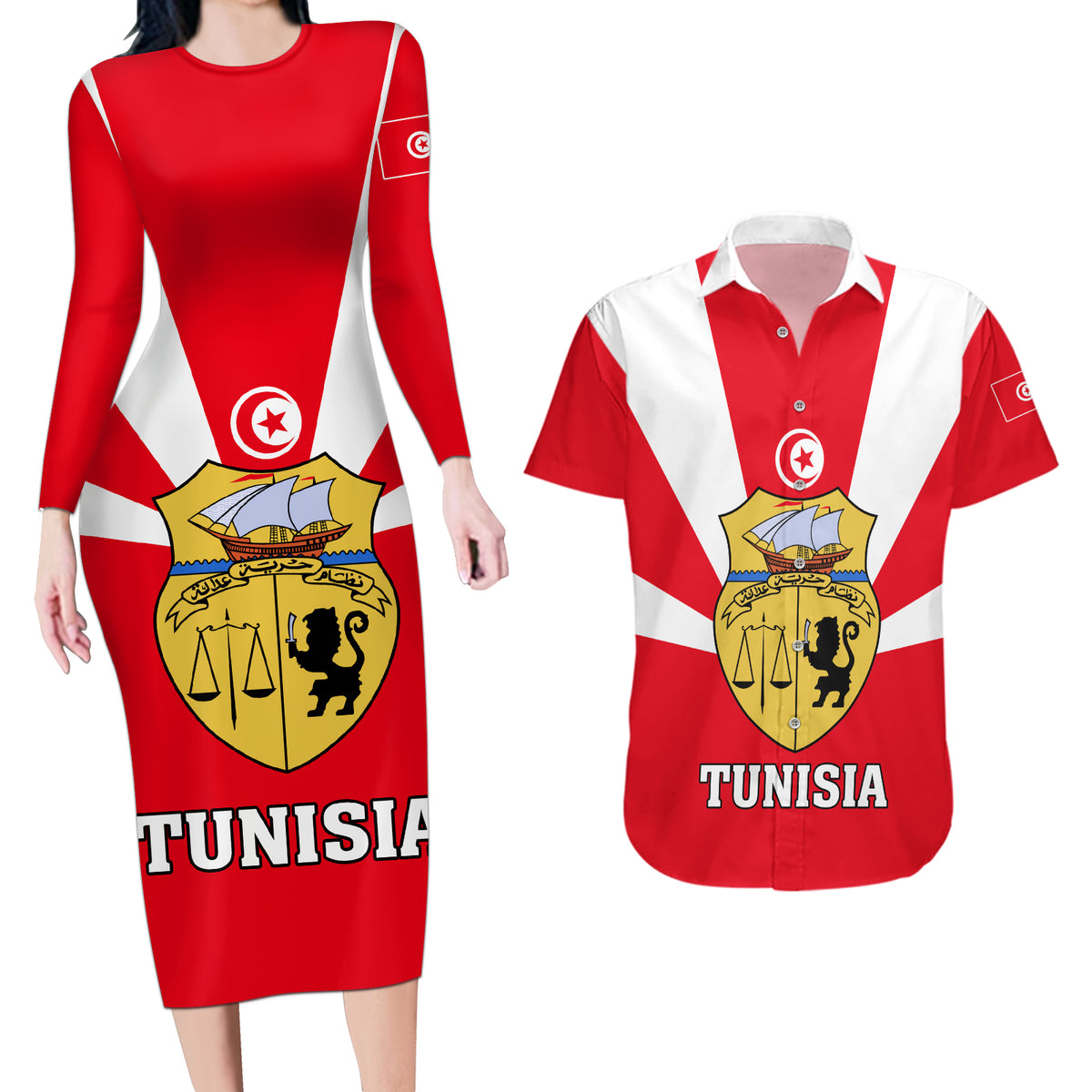 Tunisia Independence Day Couples Matching Long Sleeve Bodycon Dress and Hawaiian Shirt Coat Of Arms Flag Style - Wonder Print Shop