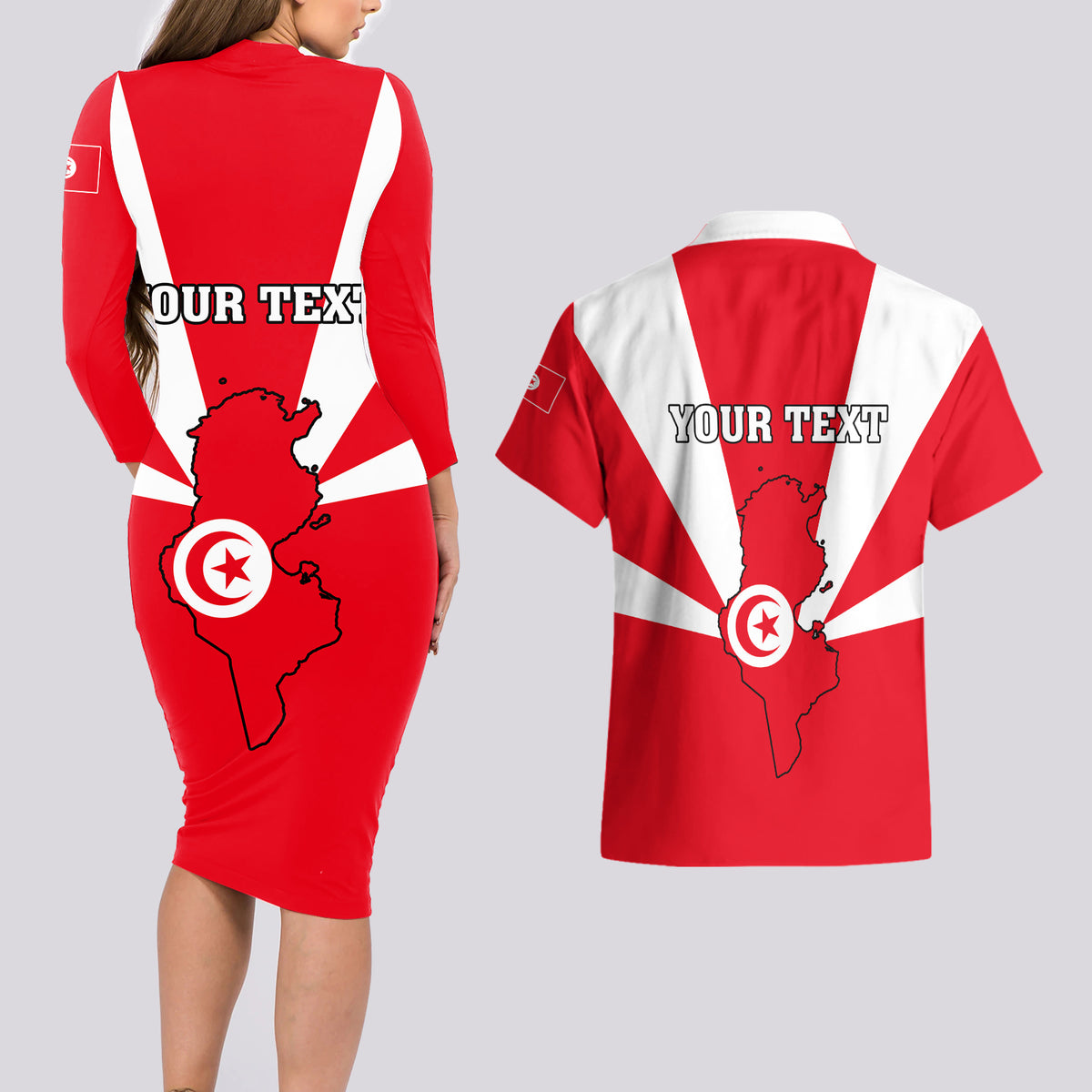 Tunisia Independence Day Couples Matching Long Sleeve Bodycon Dress and Hawaiian Shirt Coat Of Arms Flag Style - Wonder Print Shop