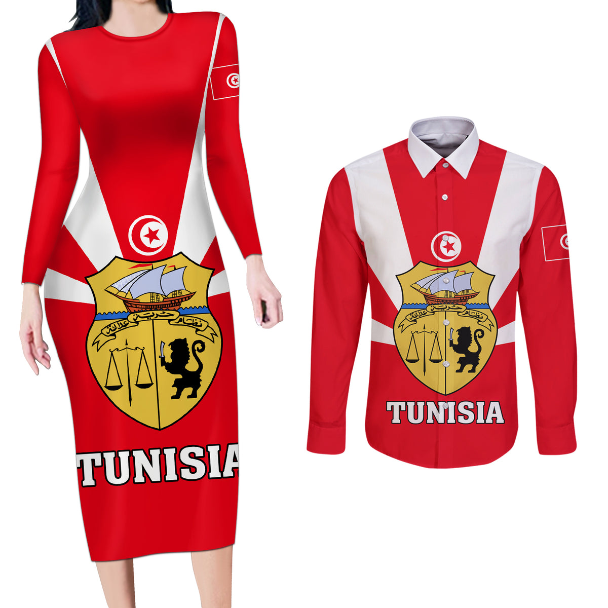 Tunisia Independence Day Couples Matching Long Sleeve Bodycon Dress and Long Sleeve Button Shirt Coat Of Arms Flag Style - Wonder Print Shop