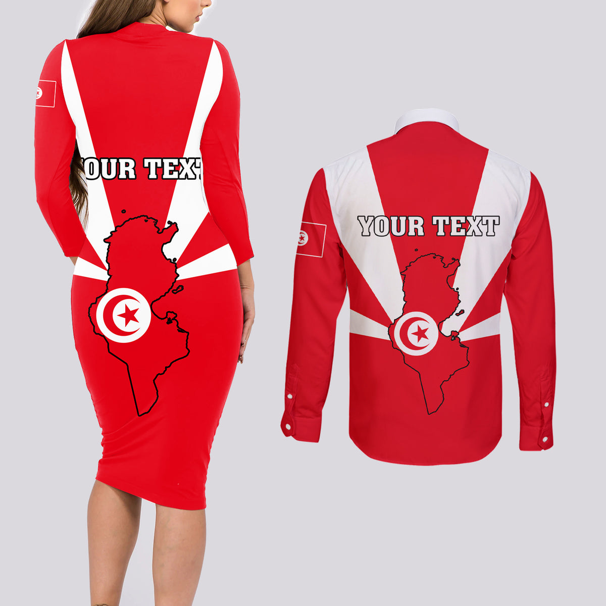 Tunisia Independence Day Couples Matching Long Sleeve Bodycon Dress and Long Sleeve Button Shirt Coat Of Arms Flag Style - Wonder Print Shop