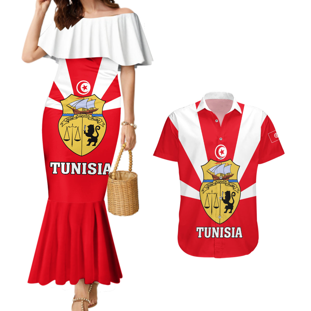 Tunisia Independence Day Couples Matching Mermaid Dress and Hawaiian Shirt Coat Of Arms Flag Style - Wonder Print Shop