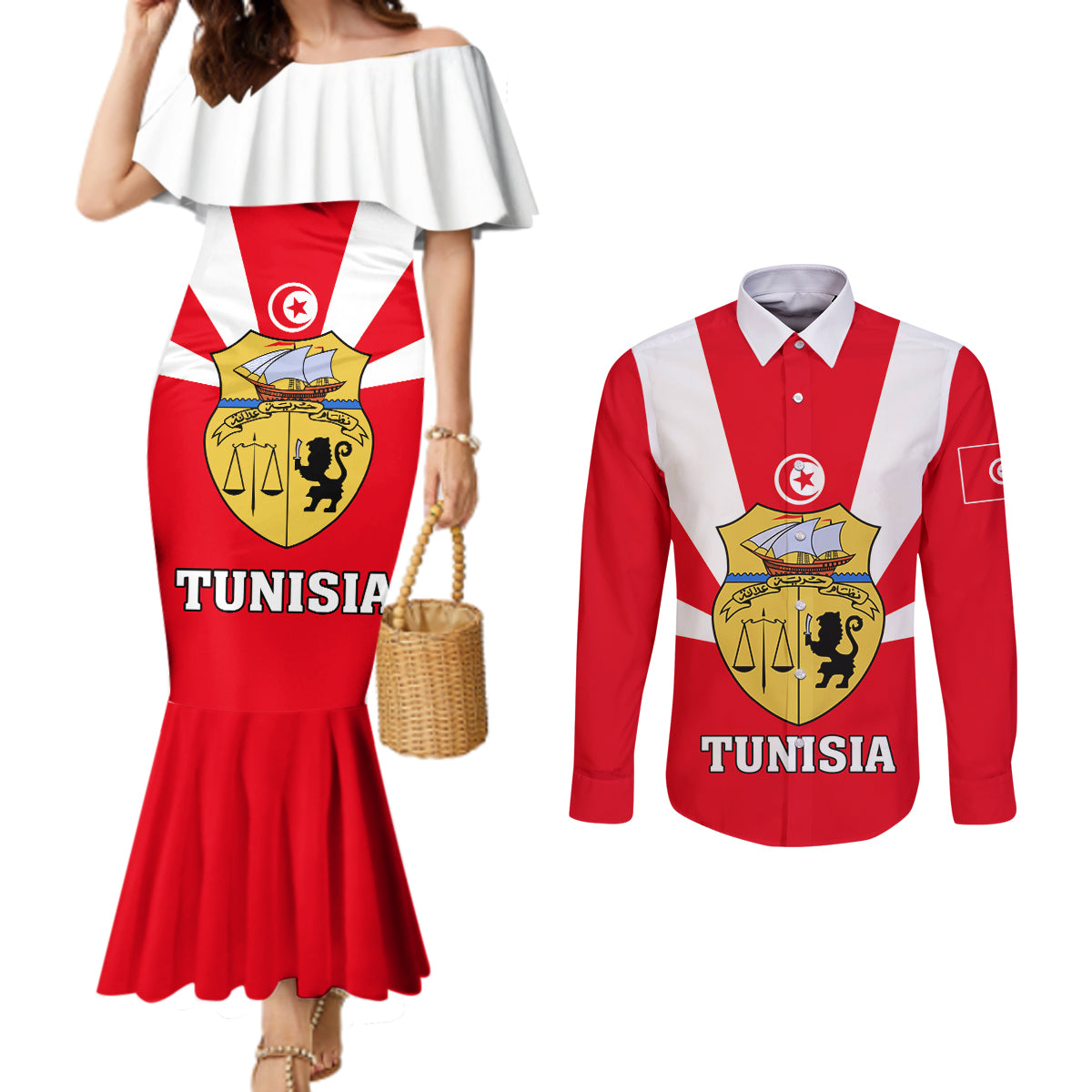 Tunisia Independence Day Couples Matching Mermaid Dress and Long Sleeve Button Shirt Coat Of Arms Flag Style