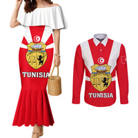 Tunisia Independence Day Couples Matching Mermaid Dress and Long Sleeve Button Shirt Coat Of Arms Flag Style