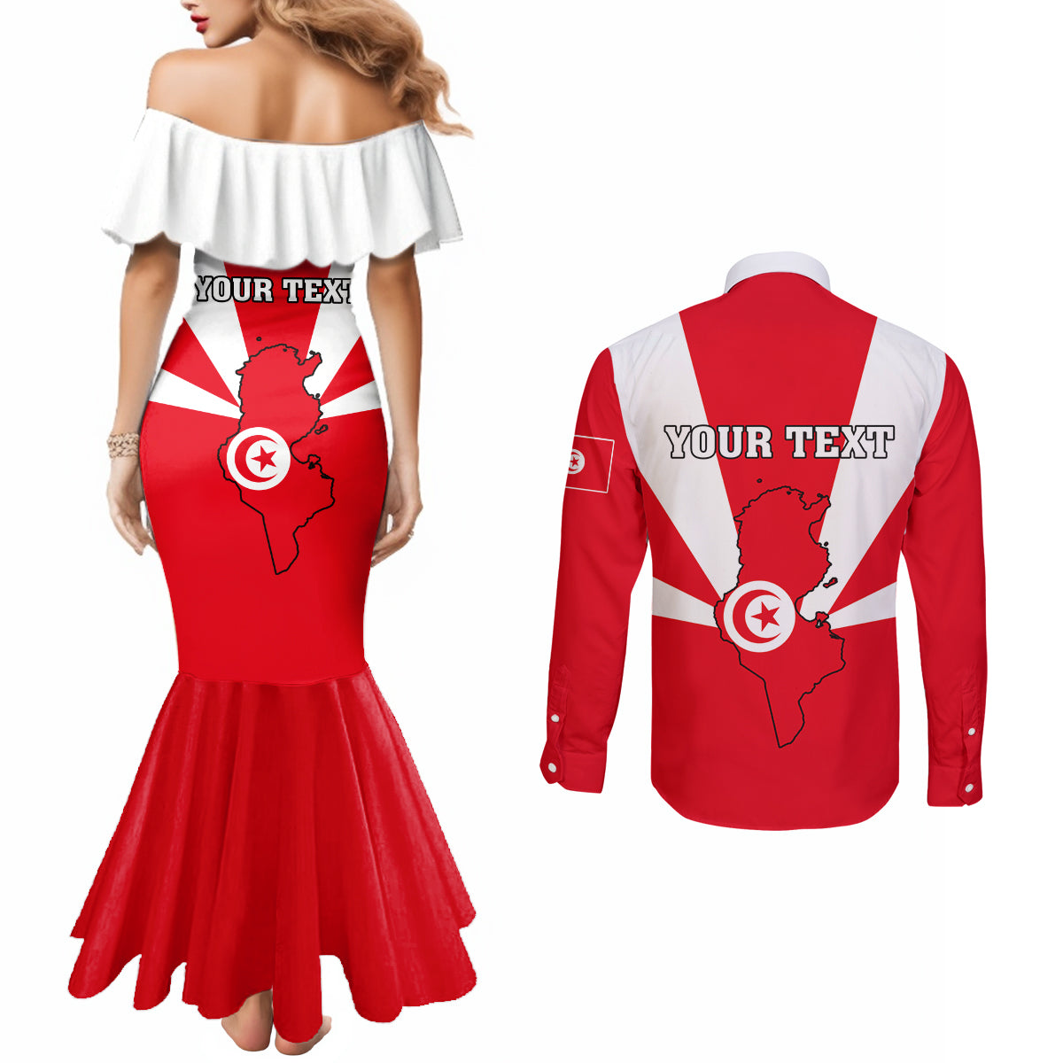 Tunisia Independence Day Couples Matching Mermaid Dress and Long Sleeve Button Shirt Coat Of Arms Flag Style