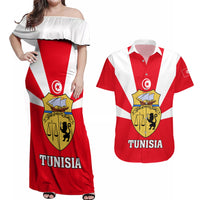 Tunisia Independence Day Couples Matching Off Shoulder Maxi Dress and Hawaiian Shirt Coat Of Arms Flag Style - Wonder Print Shop
