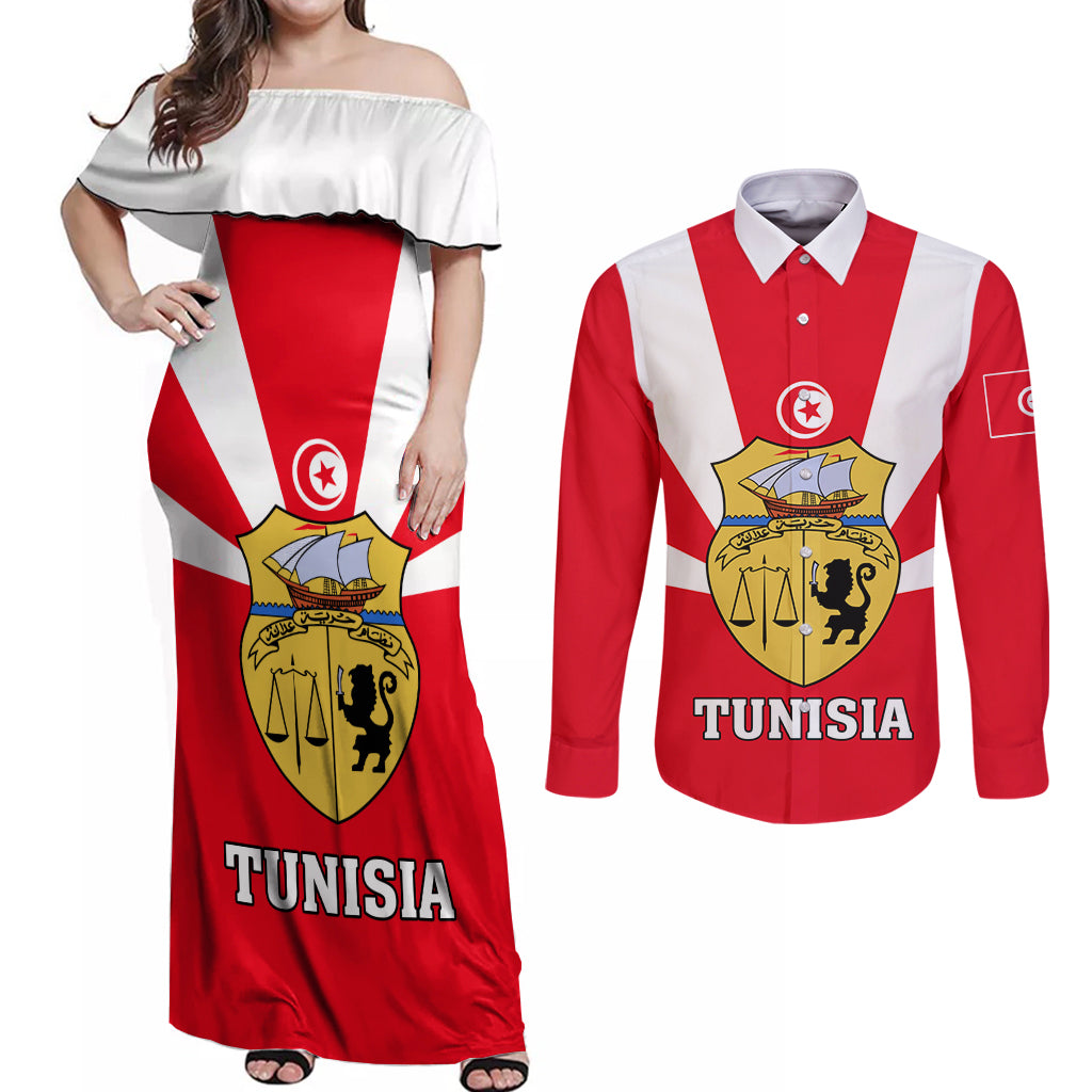 Tunisia Independence Day Couples Matching Off Shoulder Maxi Dress and Long Sleeve Button Shirt Coat Of Arms Flag Style - Wonder Print Shop