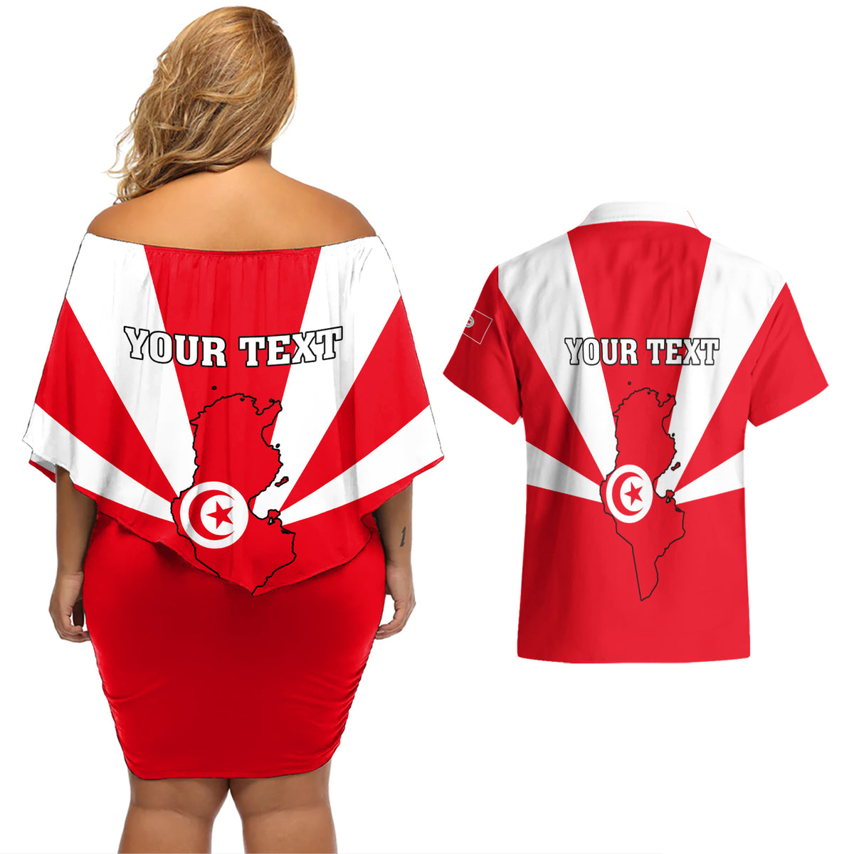 Tunisia Independence Day Couples Matching Off Shoulder Short Dress and Hawaiian Shirt Coat Of Arms Flag Style - Wonder Print Shop