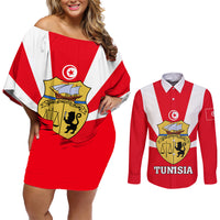 Tunisia Independence Day Couples Matching Off Shoulder Short Dress and Long Sleeve Button Shirt Coat Of Arms Flag Style - Wonder Print Shop