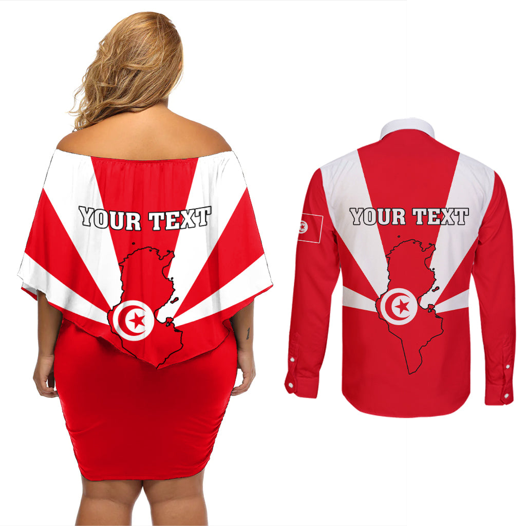 Tunisia Independence Day Couples Matching Off Shoulder Short Dress and Long Sleeve Button Shirt Coat Of Arms Flag Style - Wonder Print Shop