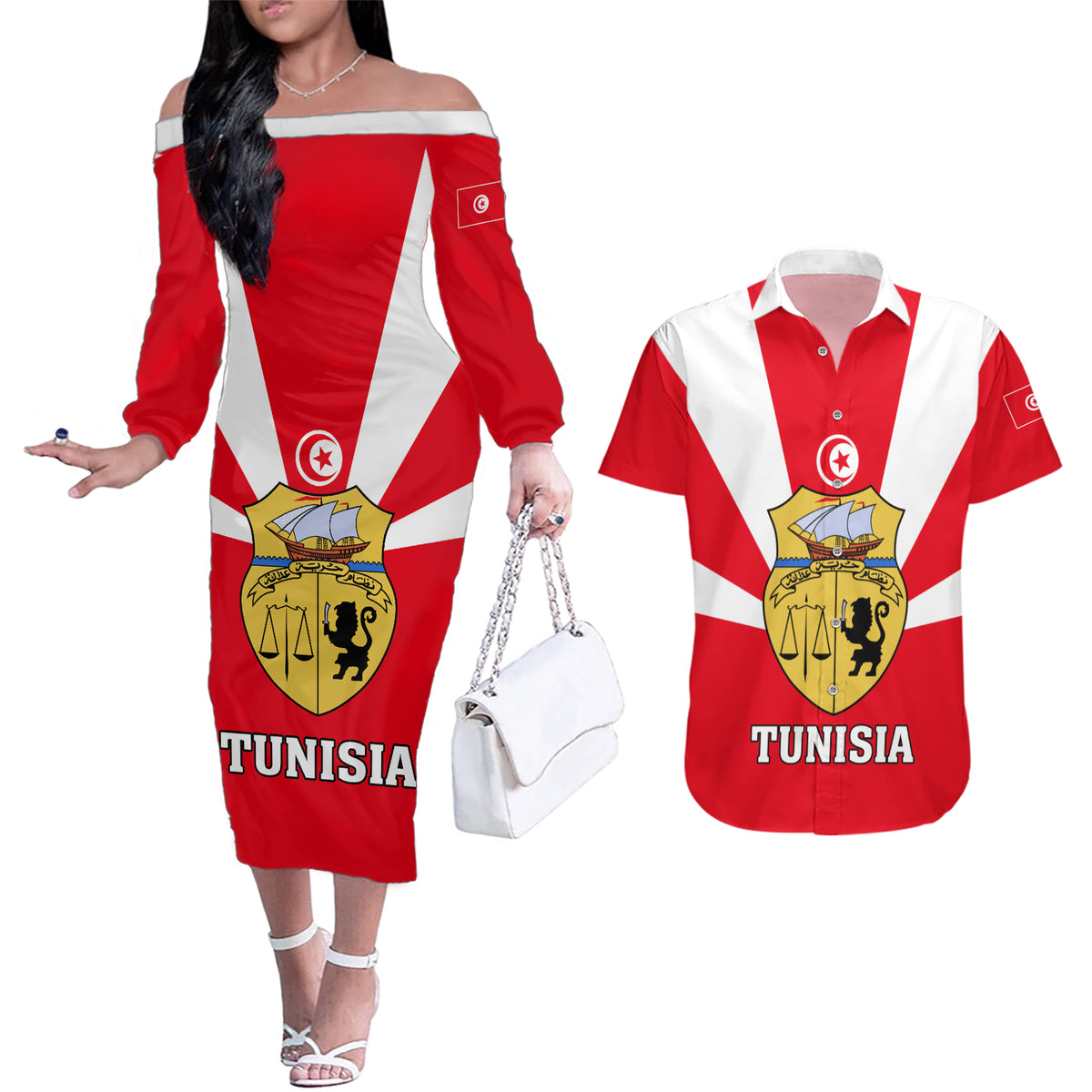 Tunisia Independence Day Couples Matching Off The Shoulder Long Sleeve Dress and Hawaiian Shirt Coat Of Arms Flag Style - Wonder Print Shop