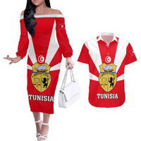 Tunisia Independence Day Couples Matching Off The Shoulder Long Sleeve Dress and Hawaiian Shirt Coat Of Arms Flag Style - Wonder Print Shop