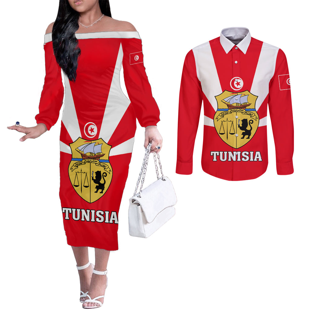 Tunisia Independence Day Couples Matching Off The Shoulder Long Sleeve Dress and Long Sleeve Button Shirt Coat Of Arms Flag Style