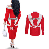 Tunisia Independence Day Couples Matching Off The Shoulder Long Sleeve Dress and Long Sleeve Button Shirt Coat Of Arms Flag Style