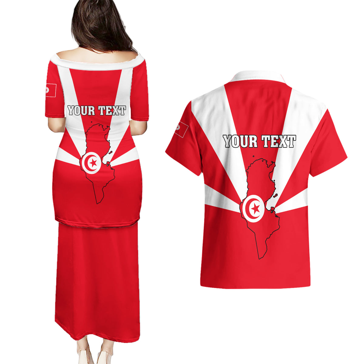 Tunisia Independence Day Couples Matching Puletasi and Hawaiian Shirt Coat Of Arms Flag Style - Wonder Print Shop