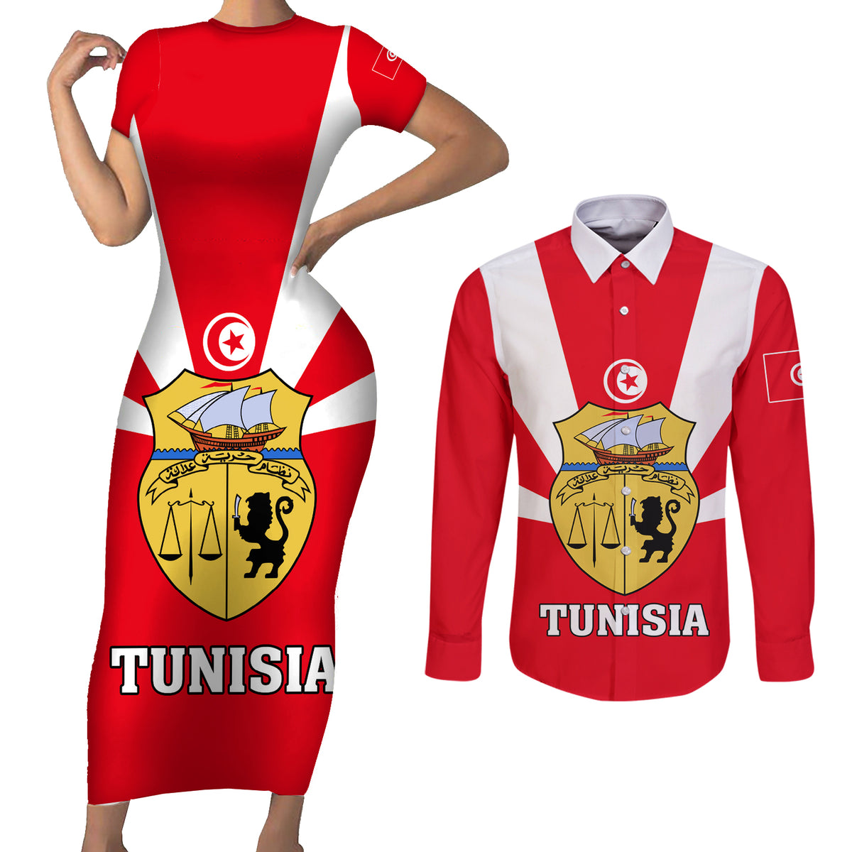 Tunisia Independence Day Couples Matching Short Sleeve Bodycon Dress and Long Sleeve Button Shirt Coat Of Arms Flag Style - Wonder Print Shop