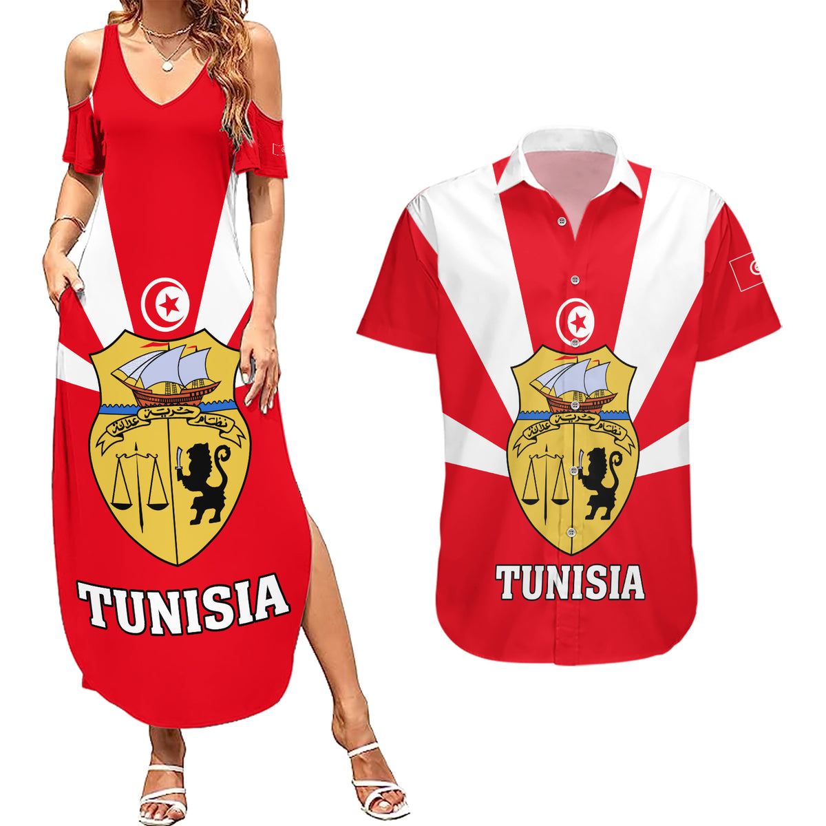 Tunisia Independence Day Couples Matching Summer Maxi Dress and Hawaiian Shirt Coat Of Arms Flag Style - Wonder Print Shop