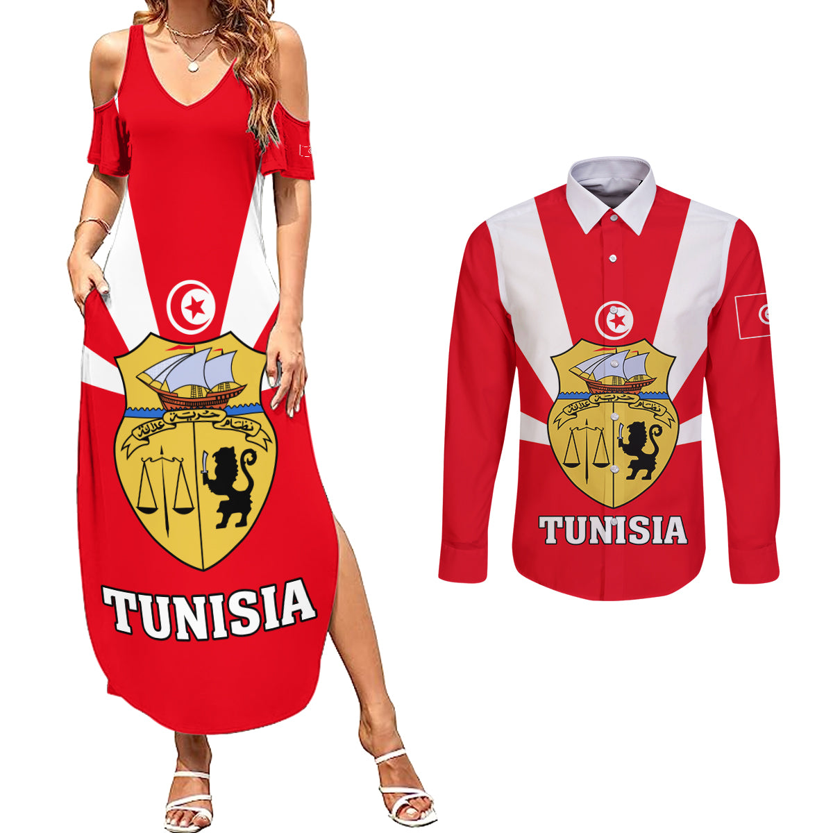 Tunisia Independence Day Couples Matching Summer Maxi Dress and Long Sleeve Button Shirt Coat Of Arms Flag Style - Wonder Print Shop