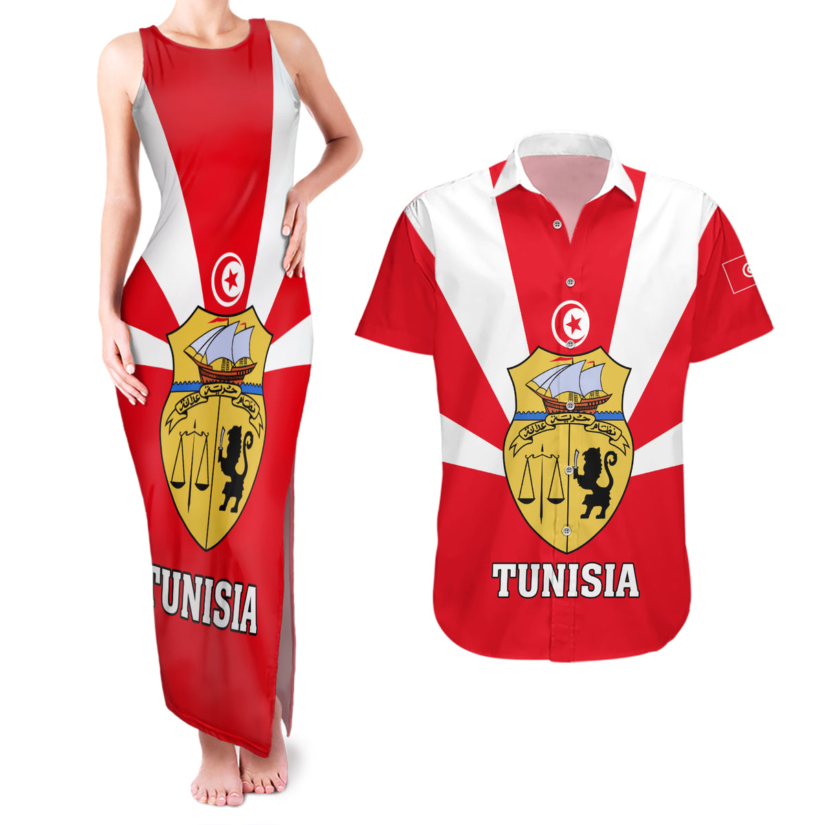 Tunisia Independence Day Couples Matching Tank Maxi Dress and Hawaiian Shirt Coat Of Arms Flag Style - Wonder Print Shop