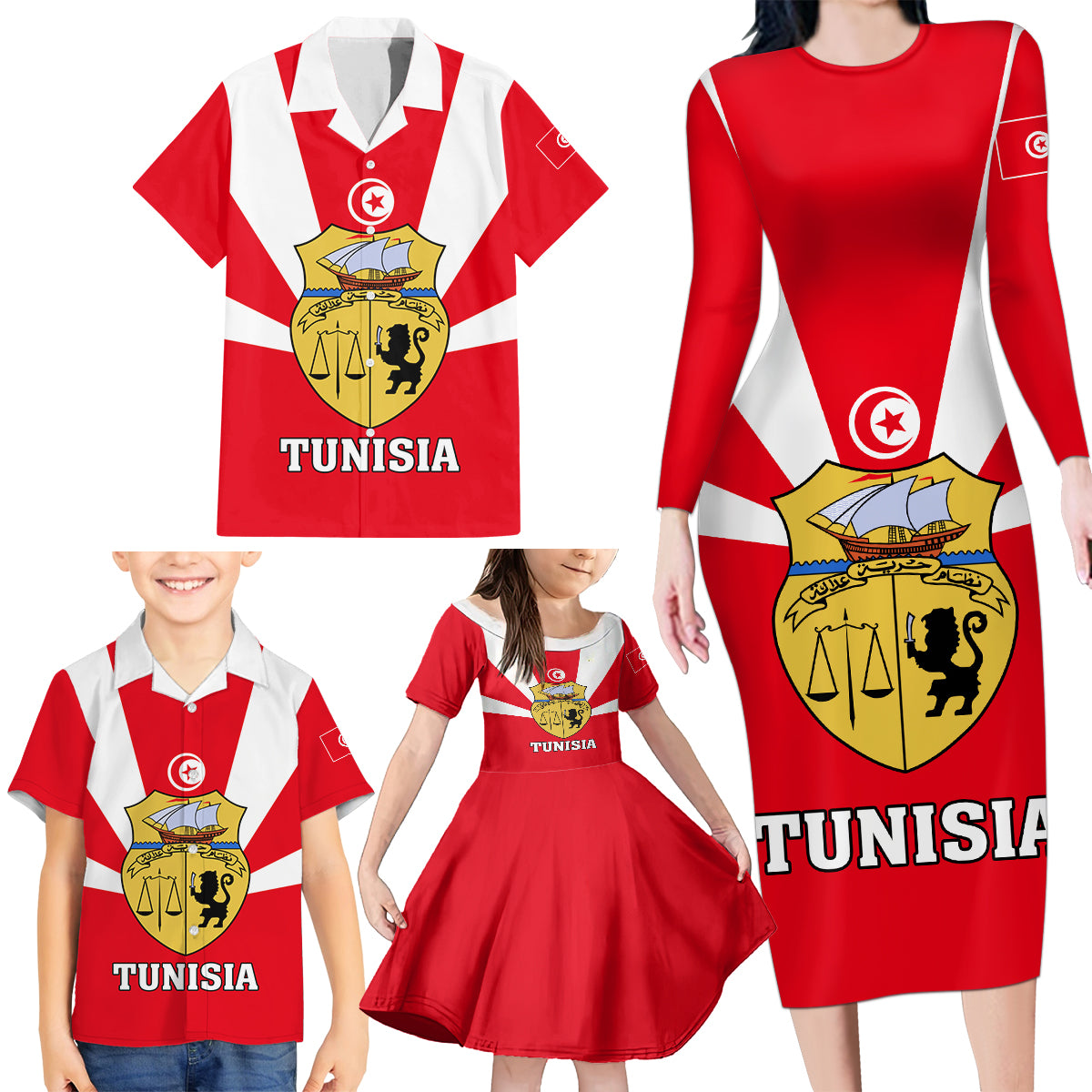 Tunisia Independence Day Family Matching Long Sleeve Bodycon Dress and Hawaiian Shirt Coat Of Arms Flag Style - Wonder Print Shop