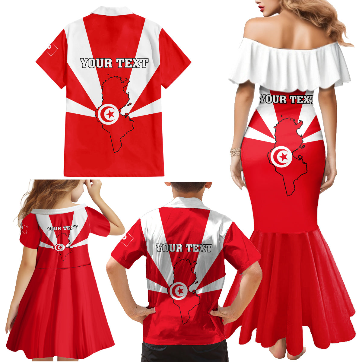 Tunisia Independence Day Family Matching Mermaid Dress and Hawaiian Shirt Coat Of Arms Flag Style - Wonder Print Shop