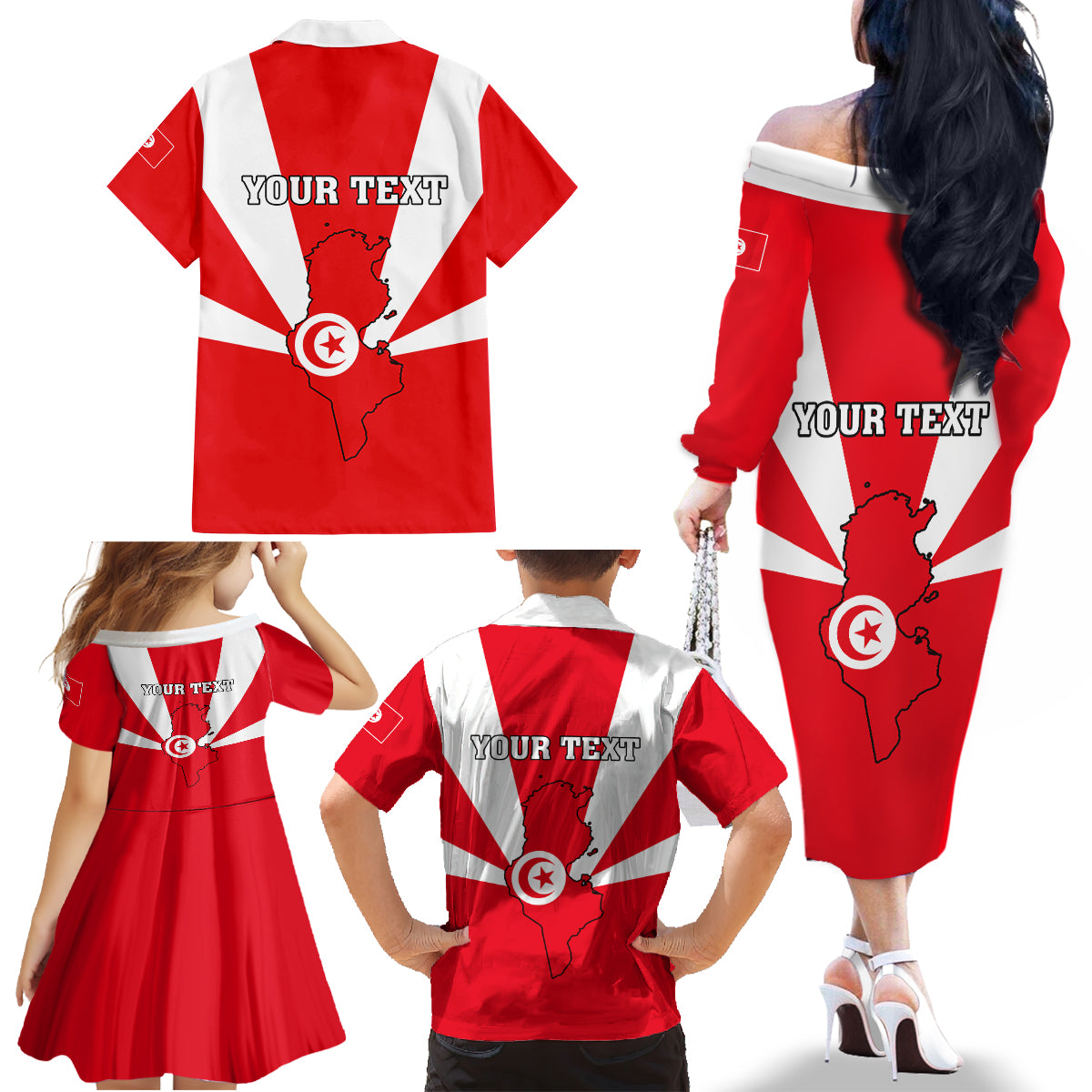 Tunisia Independence Day Family Matching Off Shoulder Long Sleeve Dress and Hawaiian Shirt Coat Of Arms Flag Style - Wonder Print Shop