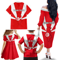 Tunisia Independence Day Family Matching Off Shoulder Long Sleeve Dress and Hawaiian Shirt Coat Of Arms Flag Style - Wonder Print Shop
